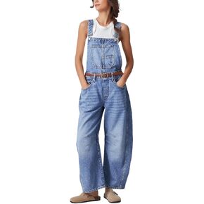 D-Sun Women's Y2K Denim Bib Overalls Baggy Barrel Leg Jumpsuit Loose Wide Leg Boyfriend Jean Romper in Saudi Arabia