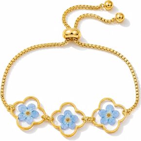 Triple Forget-Me-Not Flower Bracelet, Gold Adjustable Box Chain, Pressed Botanical Jewelry, Sentimental Keepsake for Women (Gold) in Saudi Arabia