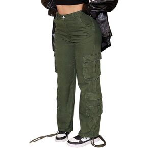 Women's Cargo Pants Loose Mid Waisted Denim Jeans Boyfriend Straight Trousers Pant Legs Drawstring with Multi-Pockets in Saudi Arabia