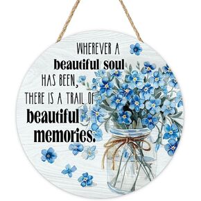 Memorial Forget Me Not Flower Front Door Sign, Sympathy Floral Wood Plaque Hanger Home Decor Bereavement Gifts for Loss of Loved One, Spring Summer Wooden Wreath Wall Hanging Decoration in Saudi Arabia