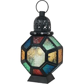 Vintage Large Size Decorative Ramadan Candle Lantern, 12’’ Metal Hanging&Tabletop Moroccan Stained Glass Lantern Candle Holder Decor, Decorations for Home Indoor Outdoor Patio (Colorful) in Saudi Arabia