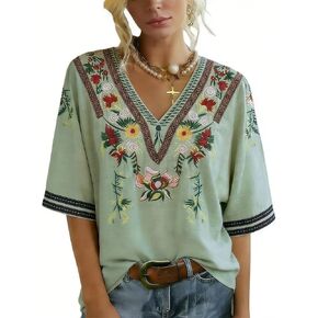 Women's Vintage Floral Embroidered V-Neck Short Sleeve Casual Boho Top in Saudi Arabia