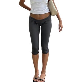 Women Y2k Low Rise Capri Leggings Foldover Skinny Stretchy Cropped Pants Elastic Summer Going Out Capri Yoga Pants in Saudi Arabia