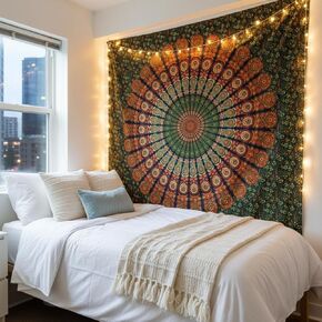 FURNISHFUL FINESSE Handmade Cotton Peacock Mandala Tapestry - Indian Boho Wall Decor, Bohemian Hippie Room Hanging for Bedroom & Living Room - 84x90 Inches, (Golden Green) in Saudi Arabia