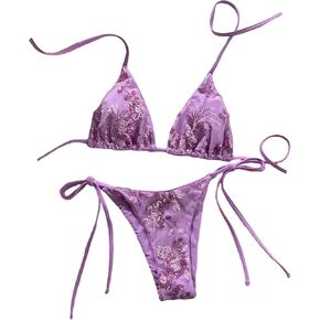 Women's Sequin Textured Floral Bathing Suit Lace Halter Summer Sexy Swimsuit Bikini Set in Kuwait