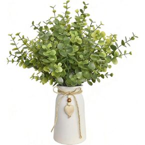 Artificial Eucalyptus Plant in White Ceramic Vase, 14" Tall Faux Eucalyptus Arrangement with Twine Bow & Wooden Heart Charm, Full Greenery for Home Decor, Table Centerpiece, Shelf & Office Decoration in Saudi Arabia