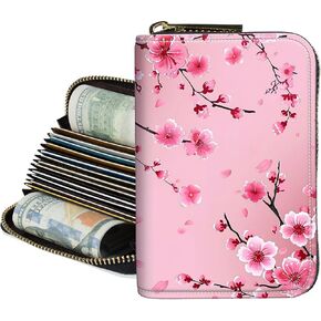Credit Card Holder for Women,Zipper 14-Slot RFID Blocking Wallet,Small Slim Cute Leather Compact Accordion Case,Business Card Holder Case,Organizer Gifts for Ladies,Pink Floral Butterfly in Saudi Arabia