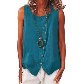 Womens Sleeveless Tops Summer Button Down Crew Neck Tank Blouse Casual Cotton Lightweight Asymmetric Vacation Vest in Saudi Arabia