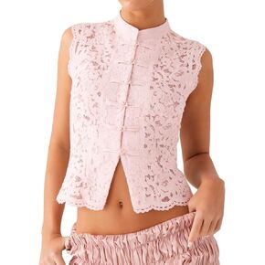 Seyumixi Women Floral Lace Crop Top Sleeveless Frog Button Mock Neck Tank Top See Through Coquette Y2k Tops in Saudi Arabia