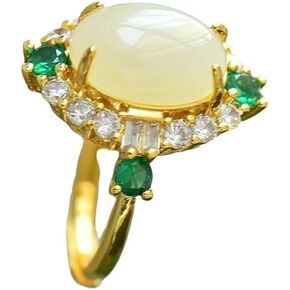 S925 Silver 18K Gold Plated Hetian Jade Ring with Emerald Halo, Adjustable Open Band, Vintage Elegant Jewelry for Women Daily Gifting in Saudi Arabia