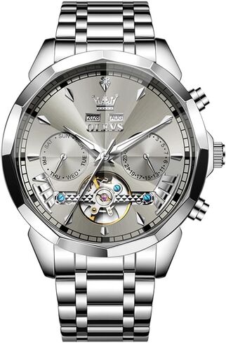 OLEVS Watch Men Automatic Self Winding Luxury Fashion Stainless Steel Mechanica Dress Analog Big Face Tourbillon Watches for Men——(Black/Grey Face) in Kuwait