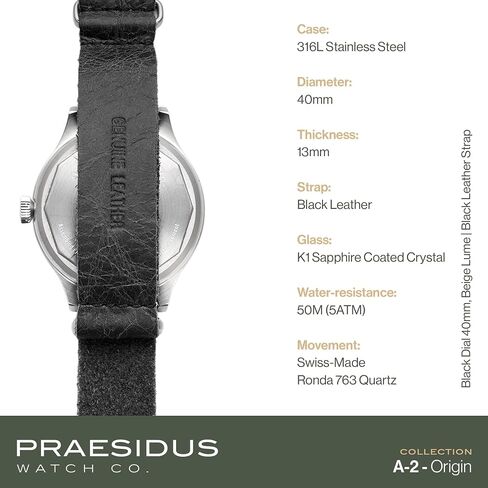 PRAESIDUS A-2 Origin Field Military Watch for Men – 40mm Stainless Steel Case, Black Fabric or Classic Leather Strap, Military Watch, Swiss Quartz Movement, Luminova Dial, Water Resistant 5ATM, Assembled in USA in Saudi Arabia