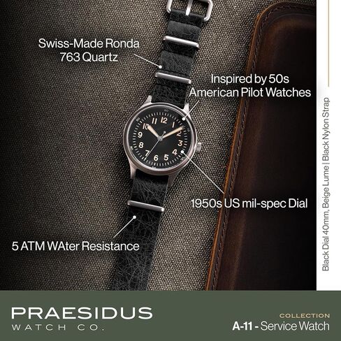 PRAESIDUS A-2 Origin Field Military Watch for Men – 40mm Stainless Steel Case, Black Fabric or Classic Leather Strap, Military Watch, Swiss Quartz Movement, Luminova Dial, Water Resistant 5ATM, Assembled in USA in Saudi Arabia