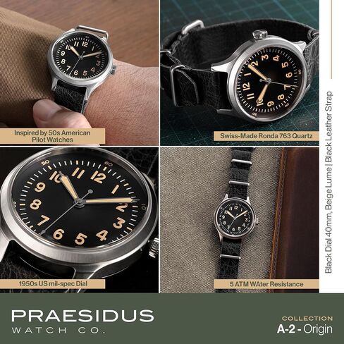 PRAESIDUS A-2 Origin Field Military Watch for Men – 40mm Stainless Steel Case, Black Fabric or Classic Leather Strap, Military Watch, Swiss Quartz Movement, Luminova Dial, Water Resistant 5ATM, Assembled in USA in Saudi Arabia