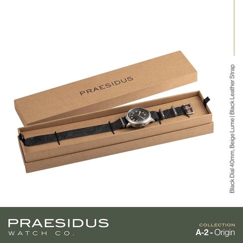 PRAESIDUS A-2 Origin Field Military Watch for Men – 40mm Stainless Steel Case, Black Fabric or Classic Leather Strap, Military Watch, Swiss Quartz Movement, Luminova Dial, Water Resistant 5ATM, Assembled in USA in Saudi Arabia