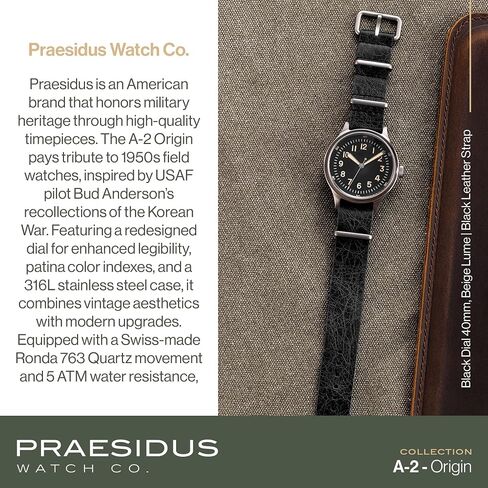 PRAESIDUS A-2 Origin Field Military Watch for Men – 40mm Stainless Steel Case, Black Fabric or Classic Leather Strap, Military Watch, Swiss Quartz Movement, Luminova Dial, Water Resistant 5ATM, Assembled in USA in Saudi Arabia