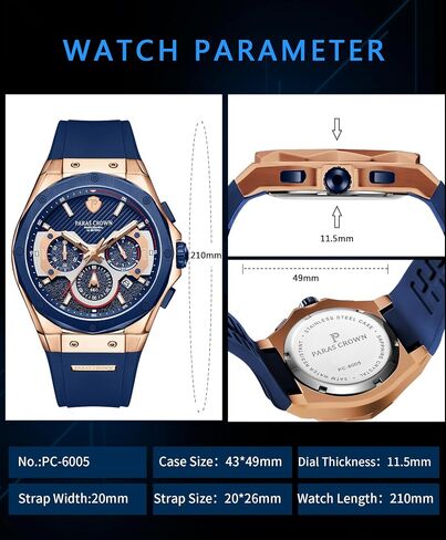 Paras Crown Mens Watches Fashion Luxury 50M Waterproof Chronograph Wrist Watches for Men with Silicone Strap Stainless Steel Case in Kuwait