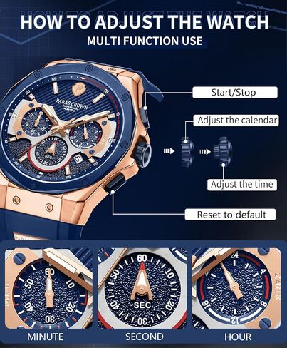 Paras Crown Mens Watches Fashion Luxury 50M Waterproof Chronograph Wrist Watches for Men with Silicone Strap Stainless Steel Case in Kuwait