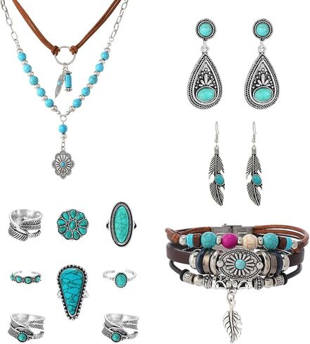 Western Jewelry Set for Women Bohemian Turquoise Layered Pendant Necklace Vintage Western Boho Turquoise Earring Leather Bracelet Ring Set Country Cowgirl Accessories Jewelry in Kuwait
