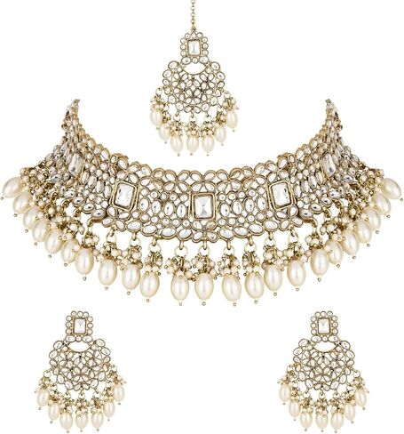 I Jewels Indian Wedding Bollywood Pearl Kundan Choker Jewellery Necklace Set with Maang Tikka for Women in Kuwait