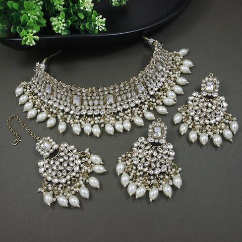 I Jewels Indian Wedding Bollywood Pearl Kundan Choker Jewellery Necklace Set with Maang Tikka for Women in Kuwait