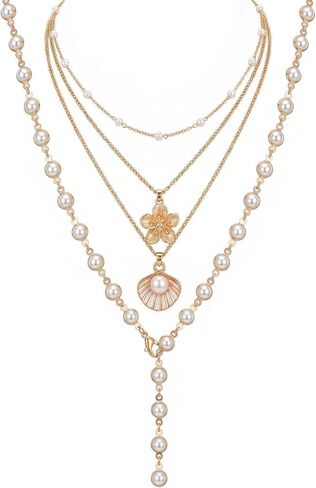 Layered Beach Necklace for Women - 4 Pcs Y Long Gold Chain Shell Necklace Stack with Pearl Hibiscus Flower Pendants for Summer Jewelry Beachy Accessories in Saudi Arabia