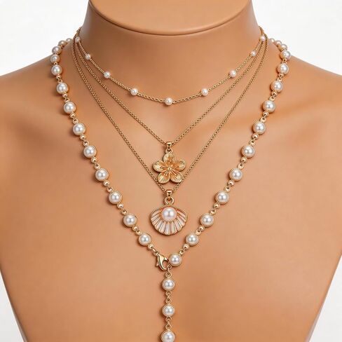 Layered Beach Necklace for Women - 4 Pcs Y Long Gold Chain Shell Necklace Stack with Pearl Hibiscus Flower Pendants for Summer Jewelry Beachy Accessories in Saudi Arabia