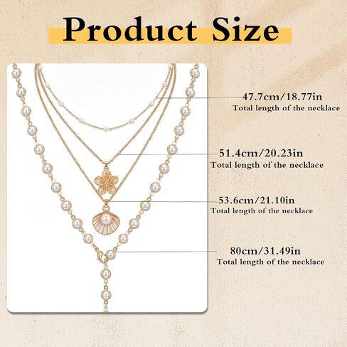 Layered Beach Necklace for Women - 4 Pcs Y Long Gold Chain Shell Necklace Stack with Pearl Hibiscus Flower Pendants for Summer Jewelry Beachy Accessories in Saudi Arabia