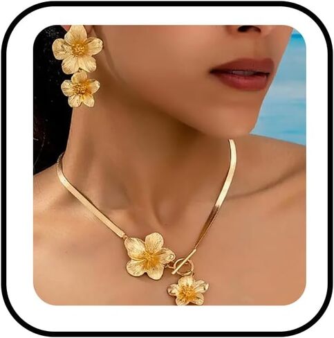 Vintage Flower Necklace Earring Set Gold Snake Chain Necklace Bohemian Large Double Flower Choker Necklaces Hypoallergenic Statement Flower Stud Earrings Elegant Bridal Wedding Summer Beach Jewelry in Kuwait