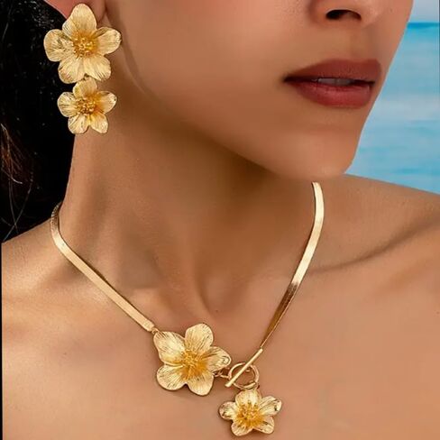 Vintage Flower Necklace Earring Set Gold Snake Chain Necklace Bohemian Large Double Flower Choker Necklaces Hypoallergenic Statement Flower Stud Earrings Elegant Bridal Wedding Summer Beach Jewelry in Kuwait