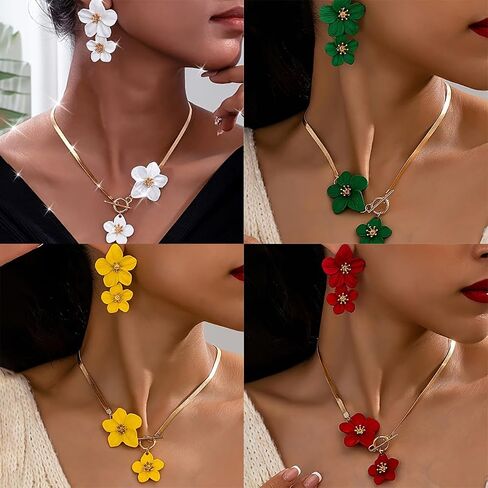 Vintage Flower Necklace Earring Set Gold Snake Chain Necklace Bohemian Large Double Flower Choker Necklaces Hypoallergenic Statement Flower Stud Earrings Elegant Bridal Wedding Summer Beach Jewelry in Kuwait