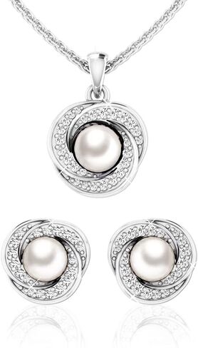 Womens Sterling Silver 3.0 Ct. Freshwater Pearl Button Stud Earrings with Pendant Necklace Sparkling CZ Jewelry Gift for Wedding in Kuwait