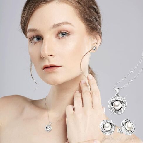 Womens Sterling Silver 3.0 Ct. Freshwater Pearl Button Stud Earrings with Pendant Necklace Sparkling CZ Jewelry Gift for Wedding in Kuwait