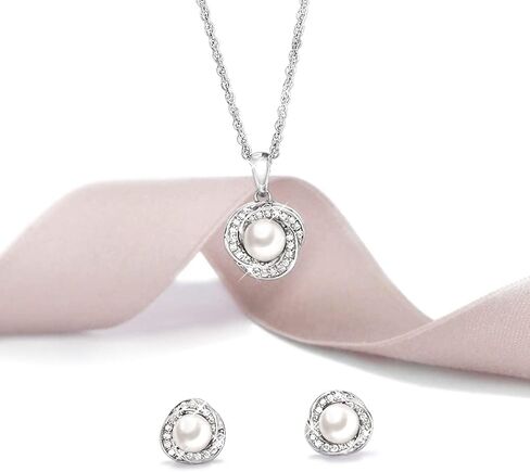 Womens Sterling Silver 3.0 Ct. Freshwater Pearl Button Stud Earrings with Pendant Necklace Sparkling CZ Jewelry Gift for Wedding in Kuwait