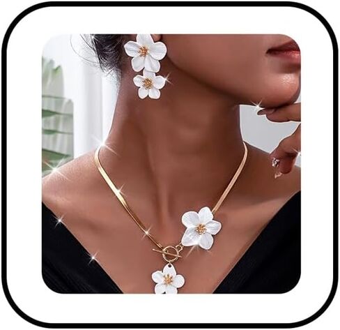 Vintage Flower Necklace Earring Set Gold Snake Chain Necklace Bohemian Large Double Flower Choker Necklaces Hypoallergenic Statement Flower Stud Earrings Elegant Bridal Wedding Summer Beach Jewelry in Kuwait