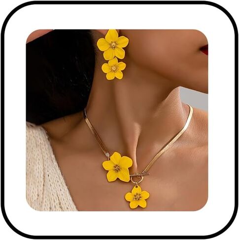 Vintage Flower Necklace Earring Set Gold Snake Chain Necklace Bohemian Large Double Flower Choker Necklaces Hypoallergenic Statement Flower Stud Earrings Elegant Bridal Wedding Summer Beach Jewelry in Kuwait