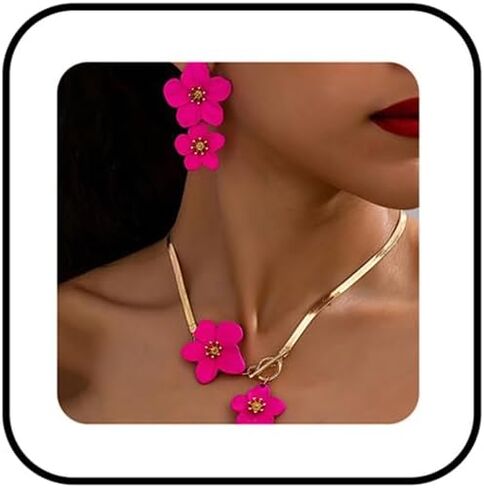 Vintage Flower Necklace Earring Set Gold Snake Chain Necklace Bohemian Large Double Flower Choker Necklaces Hypoallergenic Statement Flower Stud Earrings Elegant Bridal Wedding Summer Beach Jewelry in Kuwait