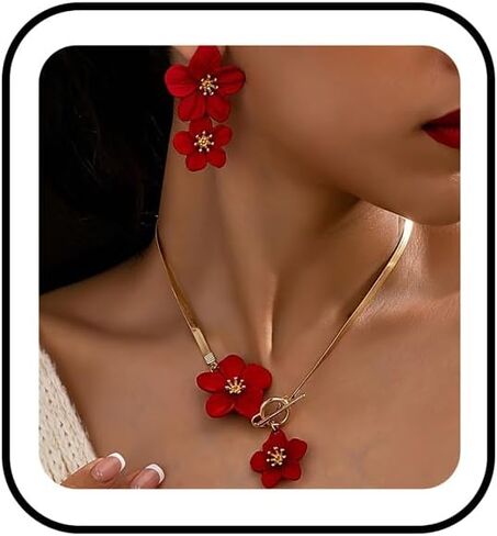 Vintage Flower Necklace Earring Set Gold Snake Chain Necklace Bohemian Large Double Flower Choker Necklaces Hypoallergenic Statement Flower Stud Earrings Elegant Bridal Wedding Summer Beach Jewelry in Kuwait