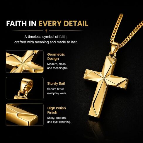 14K Gold Cross Pendant for Men - Irregular 3D Faceted Cutting, Hand-Polished High-Shine Cross Charm for DIY Necklaces, Fits up to 5mm Chains (Pendant Only) in Saudi Arabia