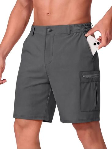 Men Casual Shorts 9" Stretch 6 Pockets Quick Dry Lightweight Elastic Waist No Lining Hiking Travel Golf in Saudi Arabia