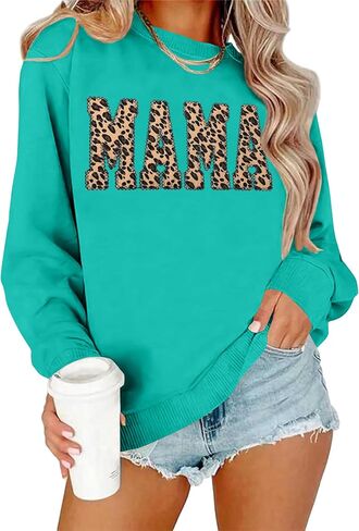 Mama Sweatshirts for Women Leopard Mama Shirt Mom Long Sleeve Shirt Tops in Kuwait