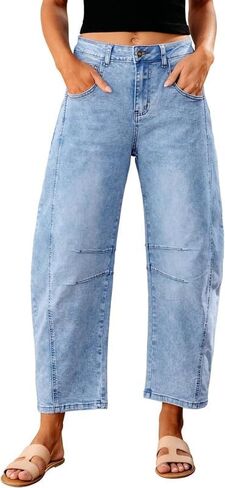 Women’s High Waist Barrel Jeans Stretch Denim Cropped Length Tapered Leg Relaxed Fit Casual Everyday Pants in Saudi Arabia