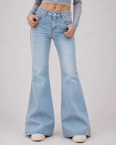 Women's Jeans Flare Bell Bottom High Waisted Wide Leg Baggy Microelastic Vintage Denim Pants in Kuwait