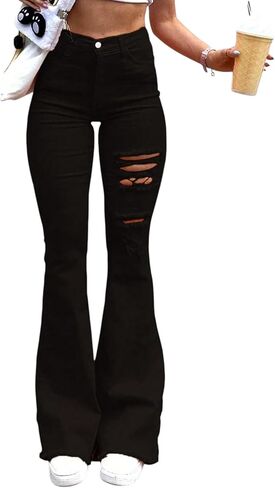 جينز Bootcut للنساء عالي الخصر ممزق وواسع من الأسفل جينز ملائم بشكل مريح سروال دينم صديقها المتعثر ملابس الشارع in Kuwait