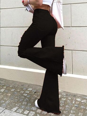 جينز Bootcut للنساء عالي الخصر ممزق وواسع من الأسفل جينز ملائم بشكل مريح سروال دينم صديقها المتعثر ملابس الشارع in Kuwait