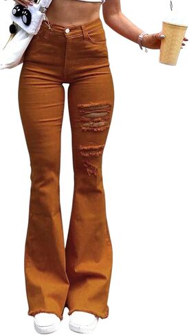 جينز Bootcut للنساء عالي الخصر ممزق وواسع من الأسفل جينز ملائم بشكل مريح سروال دينم صديقها المتعثر ملابس الشارع in Kuwait