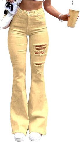 جينز Bootcut للنساء عالي الخصر ممزق وواسع من الأسفل جينز ملائم بشكل مريح سروال دينم صديقها المتعثر ملابس الشارع in Kuwait