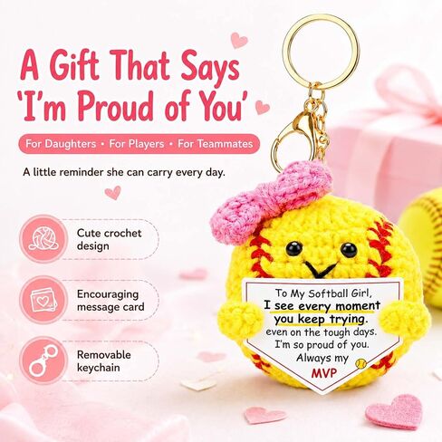 Softball Gift for Girls, Cute Crochet Softball Keychain with Pink Bow and Encouraging Message, Softball Accessories for Players, Gift for Daughters and Teammates in Saudi Arabia
