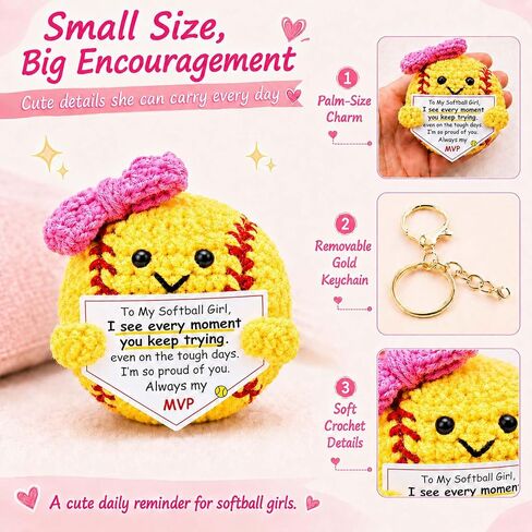 Softball Gift for Girls, Cute Crochet Softball Keychain with Pink Bow and Encouraging Message, Softball Accessories for Players, Gift for Daughters and Teammates in Saudi Arabia