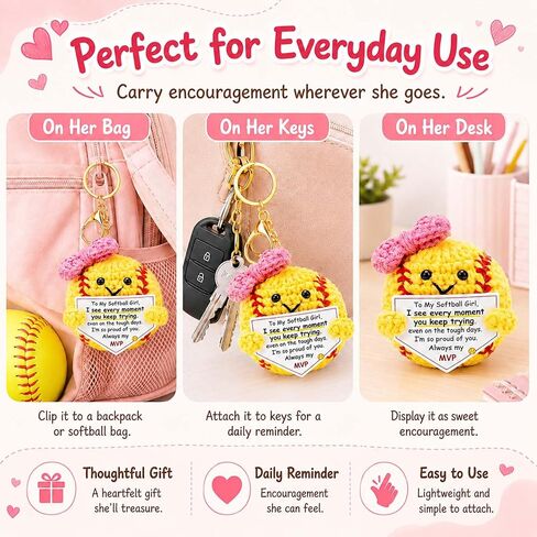 Softball Gift for Girls, Cute Crochet Softball Keychain with Pink Bow and Encouraging Message, Softball Accessories for Players, Gift for Daughters and Teammates in Saudi Arabia